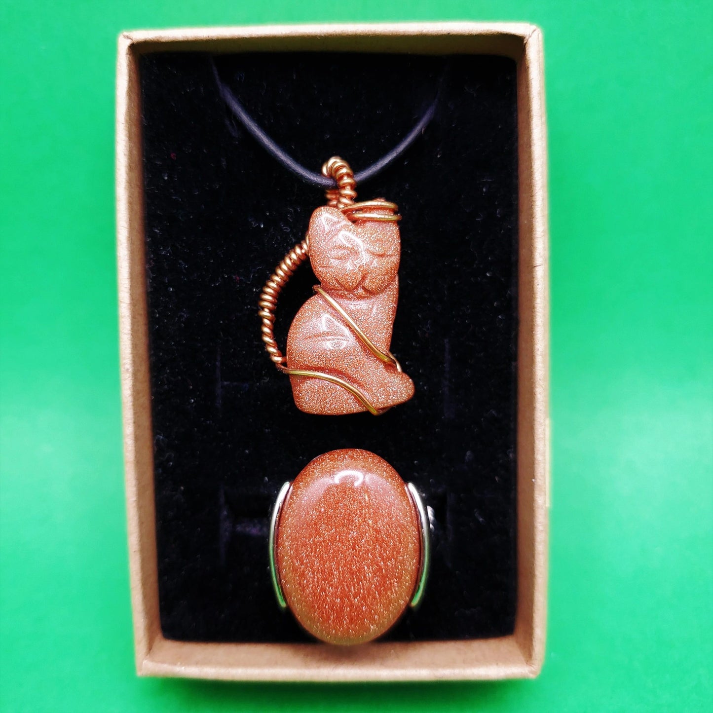 "Cat" | Goldstone crystal necklace, ring | ambition, achieving goals, ingenuity