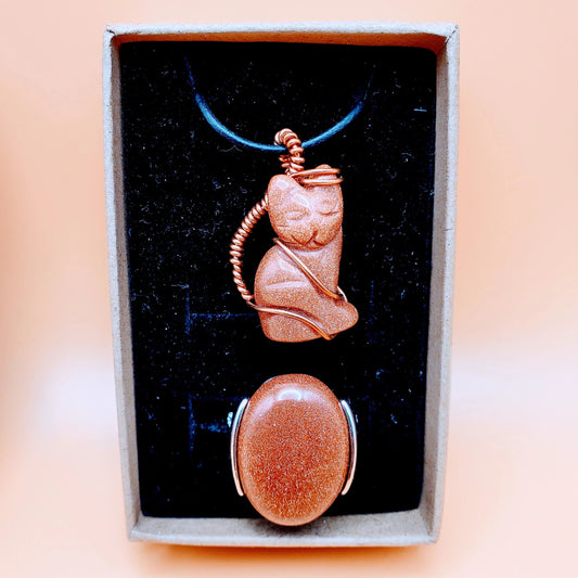 "Cat" | Goldstone crystal necklace, ring | ambition, achieving goals, ingenuity