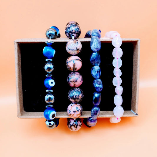 Amethyst, Evil Eye + Hematite, Rose Quartz, Rhodonite Crystal Bracelets