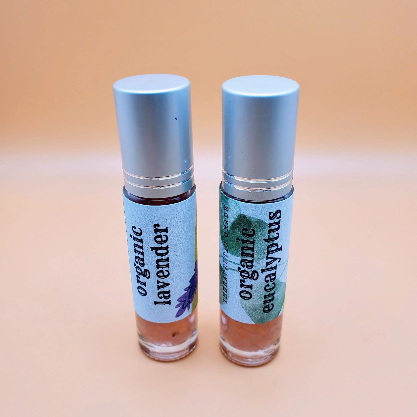 Organic Therapeutic Grade Essential Oil Rollerball Bottle with Rose Quartz Chips | Lavender, Eucalyptus