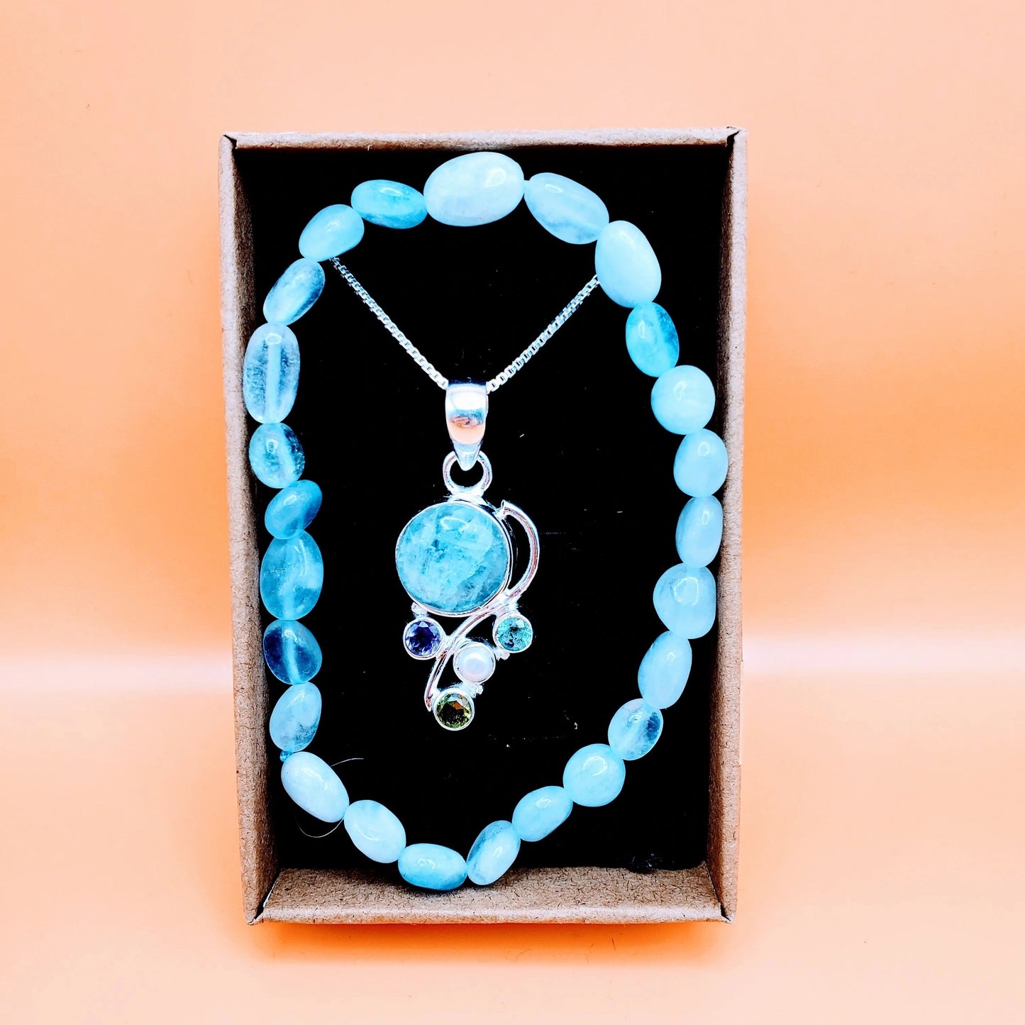 "Water" | Aquamarine Necklace with Amethyst, Peridot, Pearl & Bracelet | Tranquility, Serenity, Inner Peace