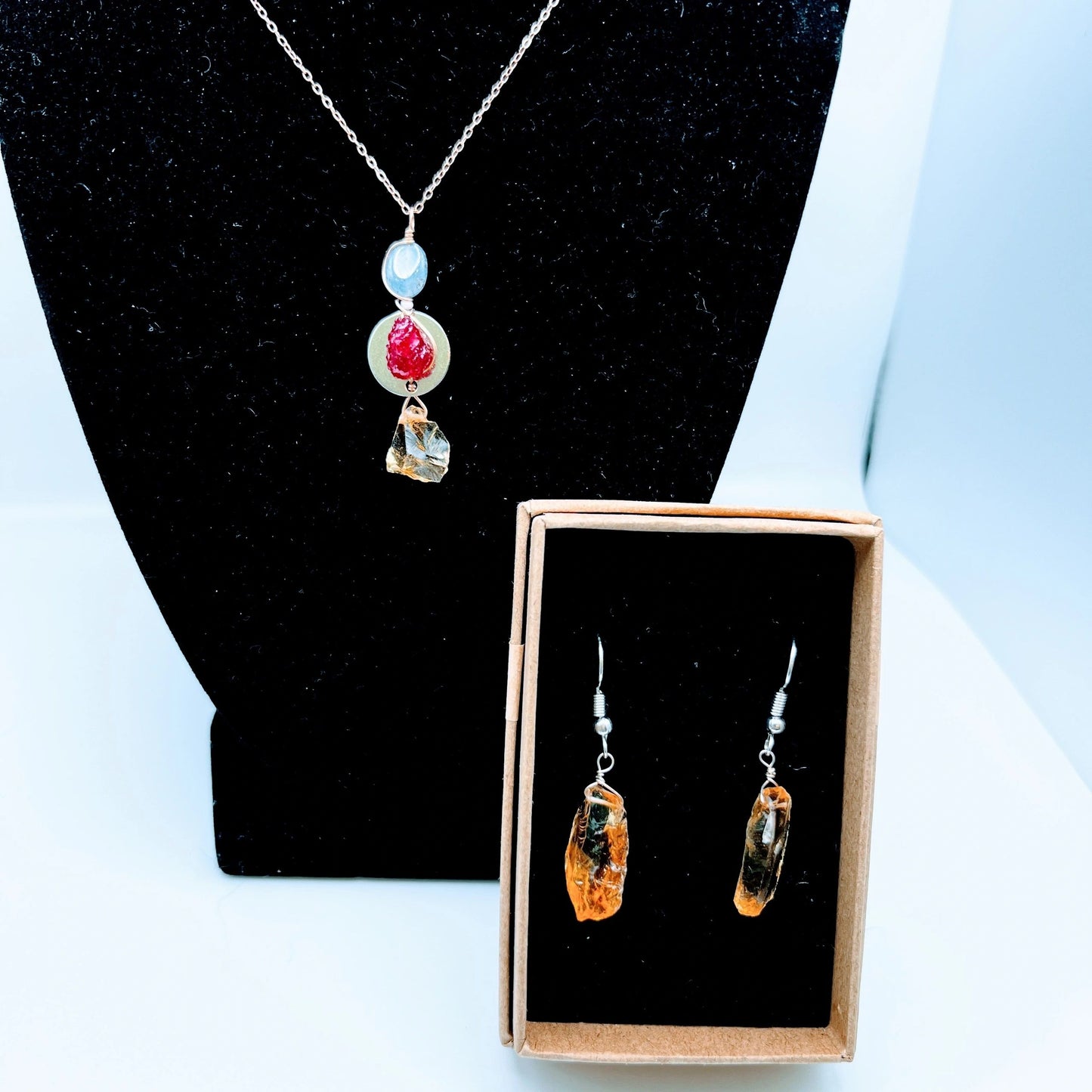 "Deep Love" | Blue Sapphire, Ruby, Citrine necklace and earrings | Loyalty, Happiness, Will power, Love