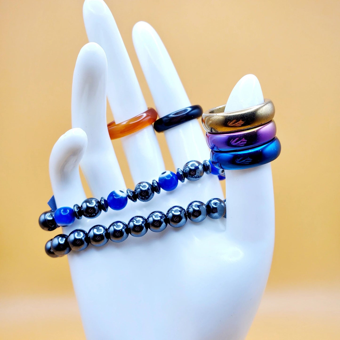 Hematite Crystal Bracelets; Hematite, Carnelian, Onyx Rings