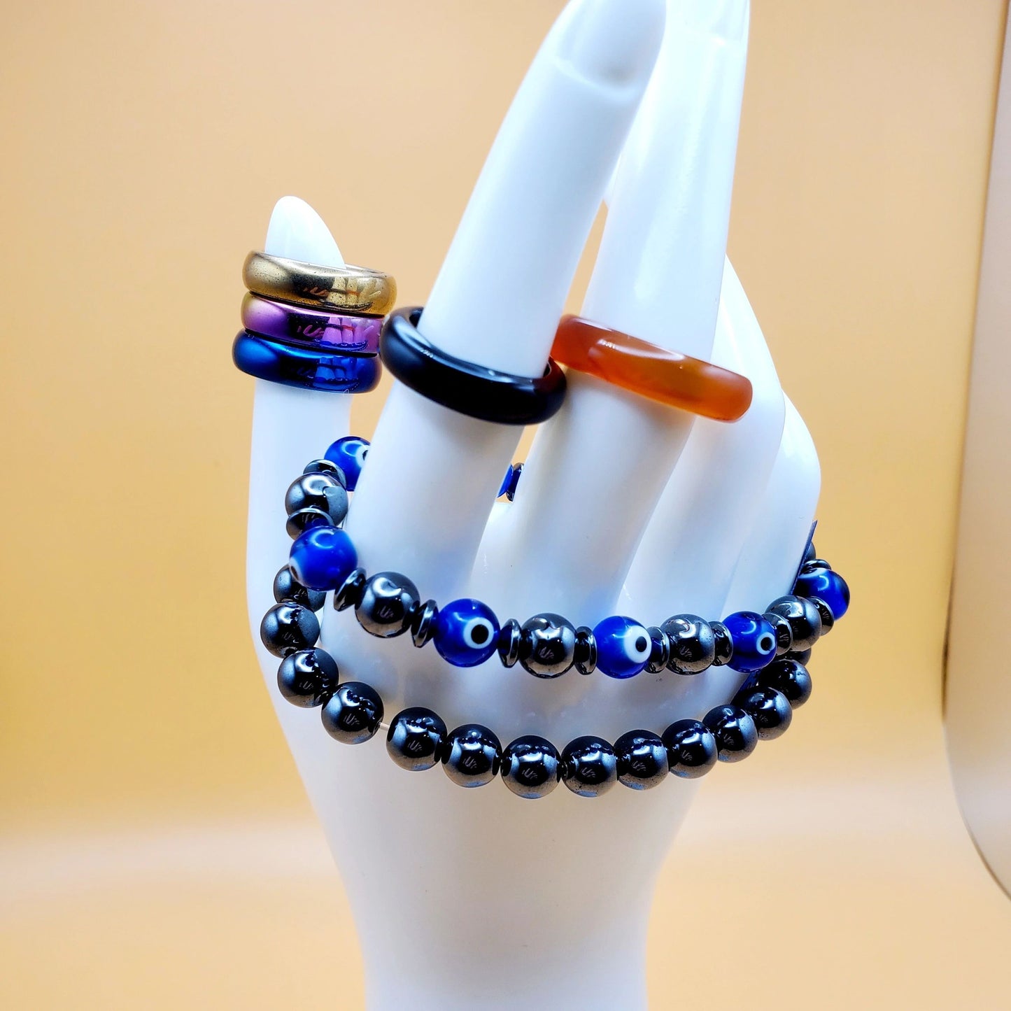 Hematite Crystal Bracelets; Hematite, Carnelian, Onyx Rings