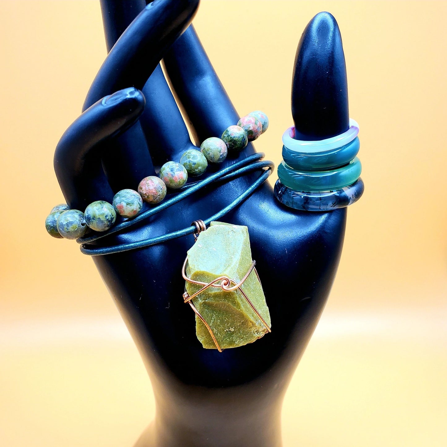 Green Opal Crystal Necklace, Unakite Bracelet, Rings | Rejuvenating the heart, compassion, unconditional love