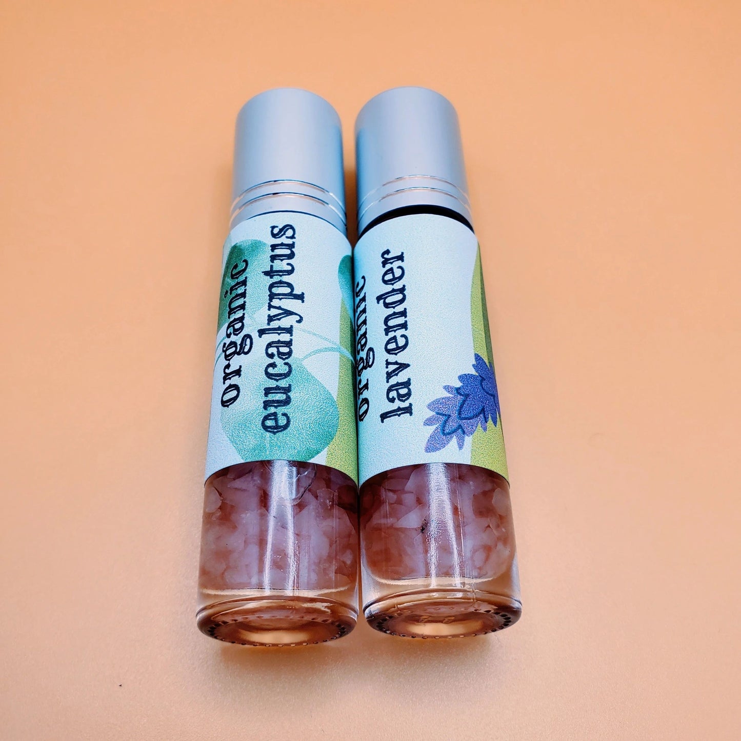 Organic Therapeutic Grade Essential Oil Rollerball Bottle with Rose Quartz Chips | Lavender, Eucalyptus