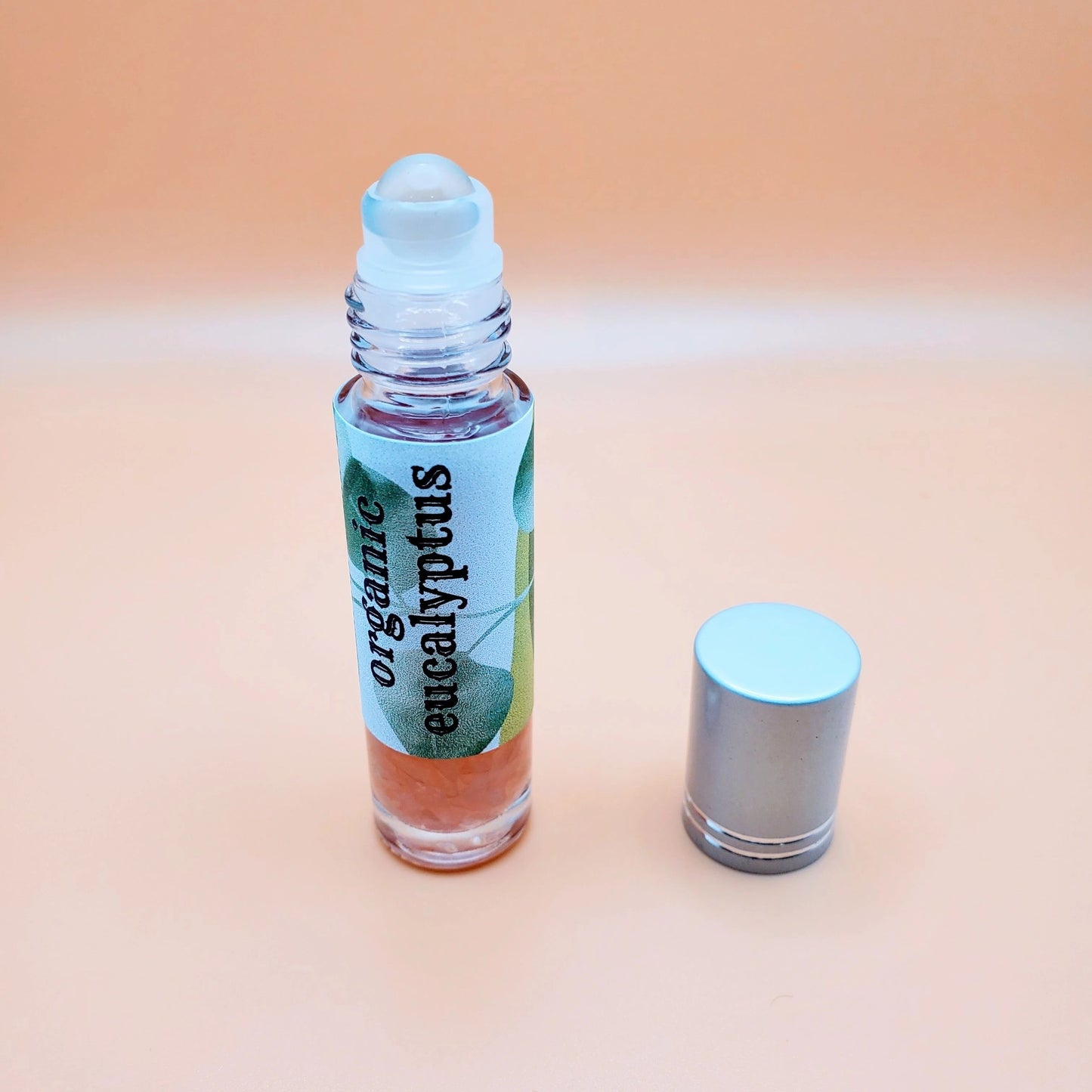 Organic Therapeutic Grade Essential Oil Rollerball Bottle with Rose Quartz Chips | Lavender, Eucalyptus