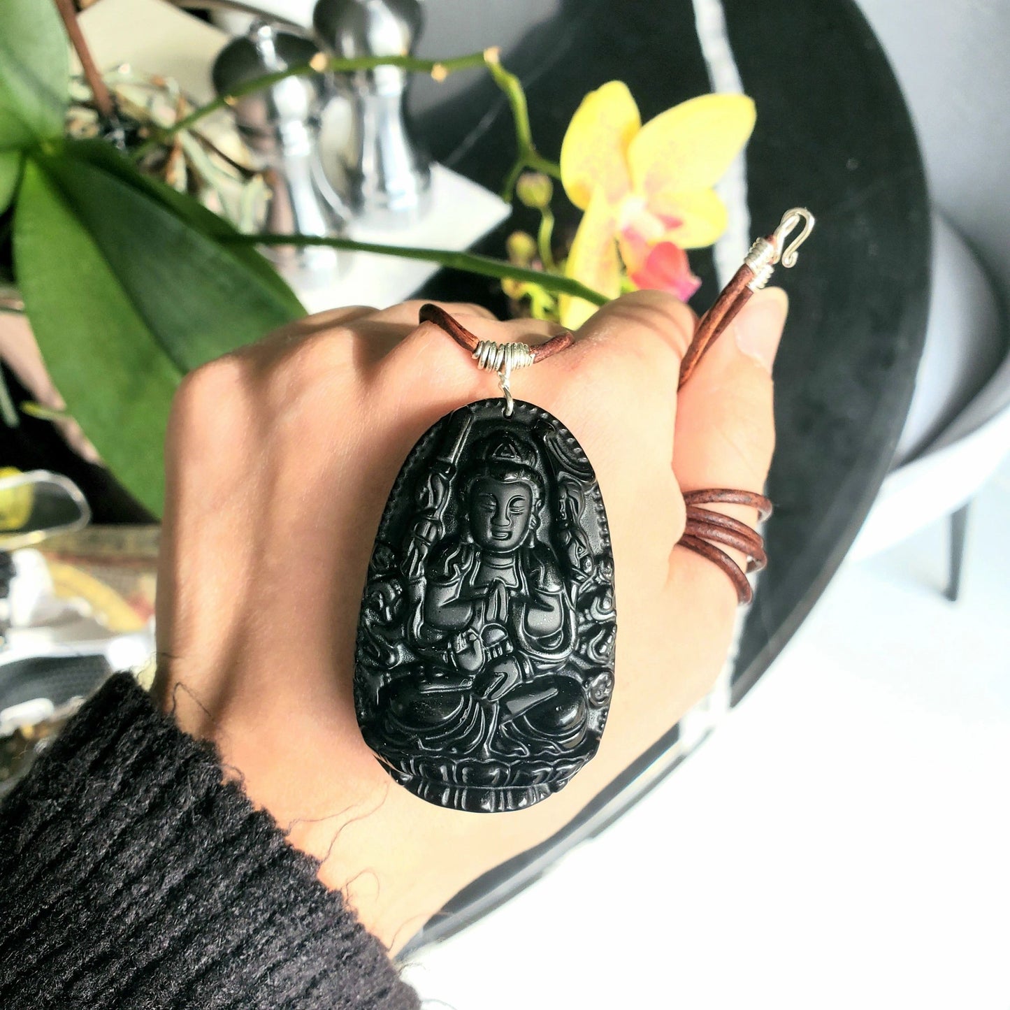 Guan Yin Black Obsidian Necklace | protection, aura cleansing, self-control, balance