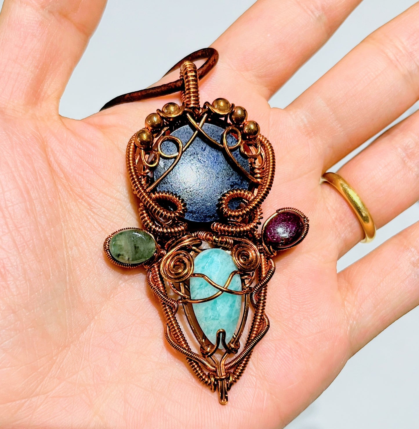 Wisdom amulet | green and red sapphires, sodalite, larimar necklace