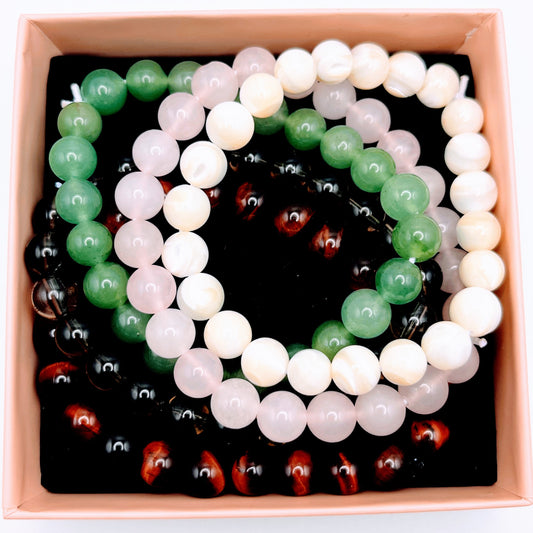Pearl, rose quartz, aventurine, red tiger's eye, smoky quartz bracelets