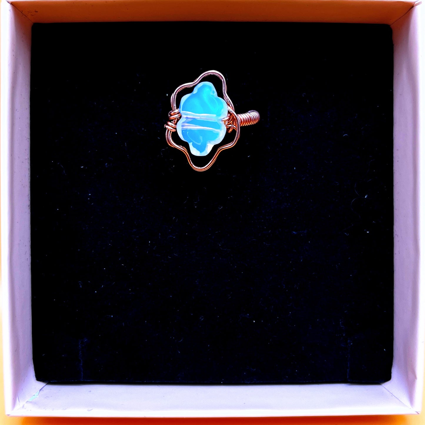 Copper rings: rose quartz, opalite, lavender quartz, cherry quartz, blue topaz, sodalite