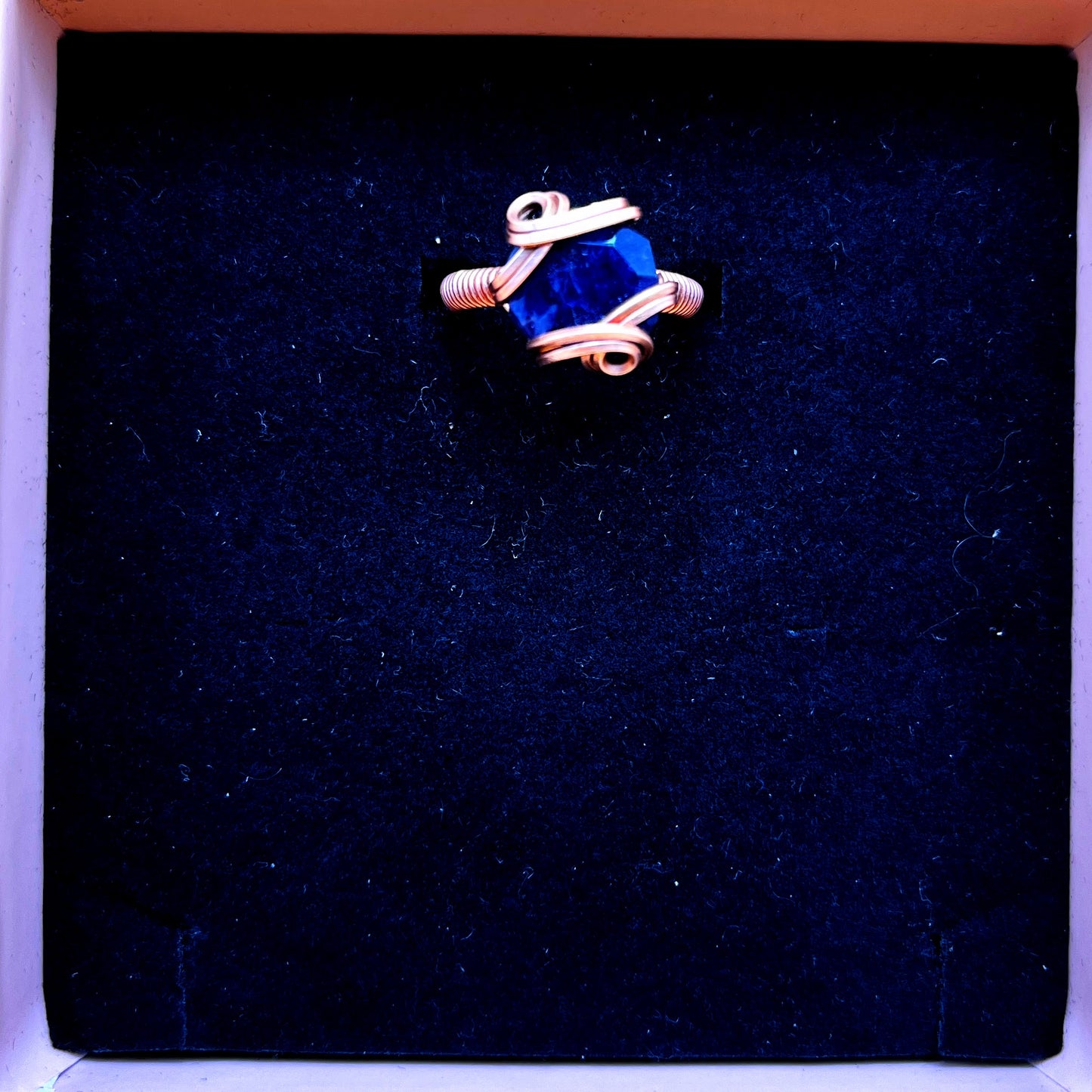 Copper rings: rose quartz, opalite, lavender quartz, cherry quartz, blue topaz, sodalite