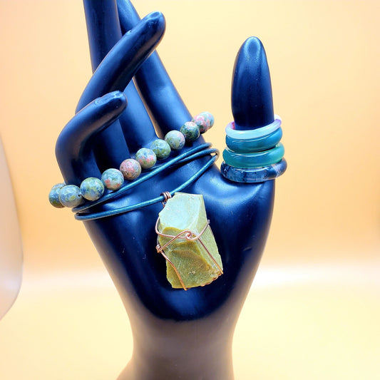 Green Opal Crystal Necklace, Unakite Bracelet, Rings | Rejuvenating the heart, compassion, unconditional love