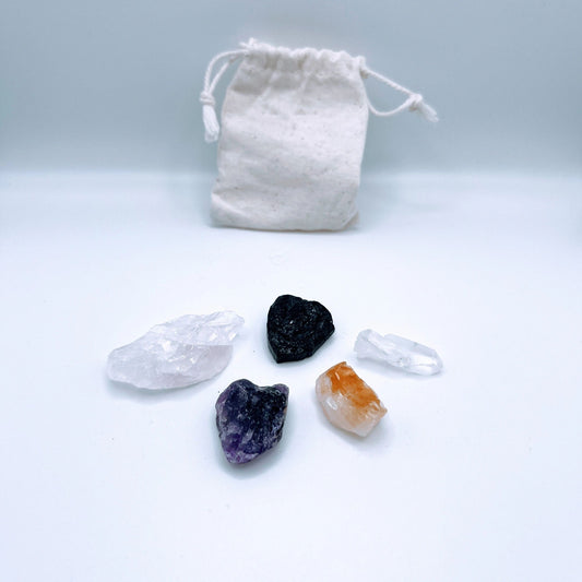 "Protection" Pack of Raw Crystals: Tourmaline, Amethyst, Citrine, Rose Quartz, Clear Quartz | Easily carry in your pocket