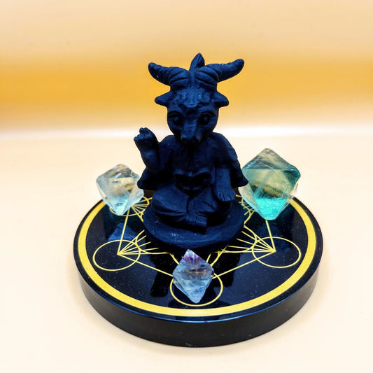 "Baby Baphomet (3")" | Obsidian Sculpture, Metatroncube, Fluorite Octahedron | Yin Yang balance, duality, spiritual enlightenment