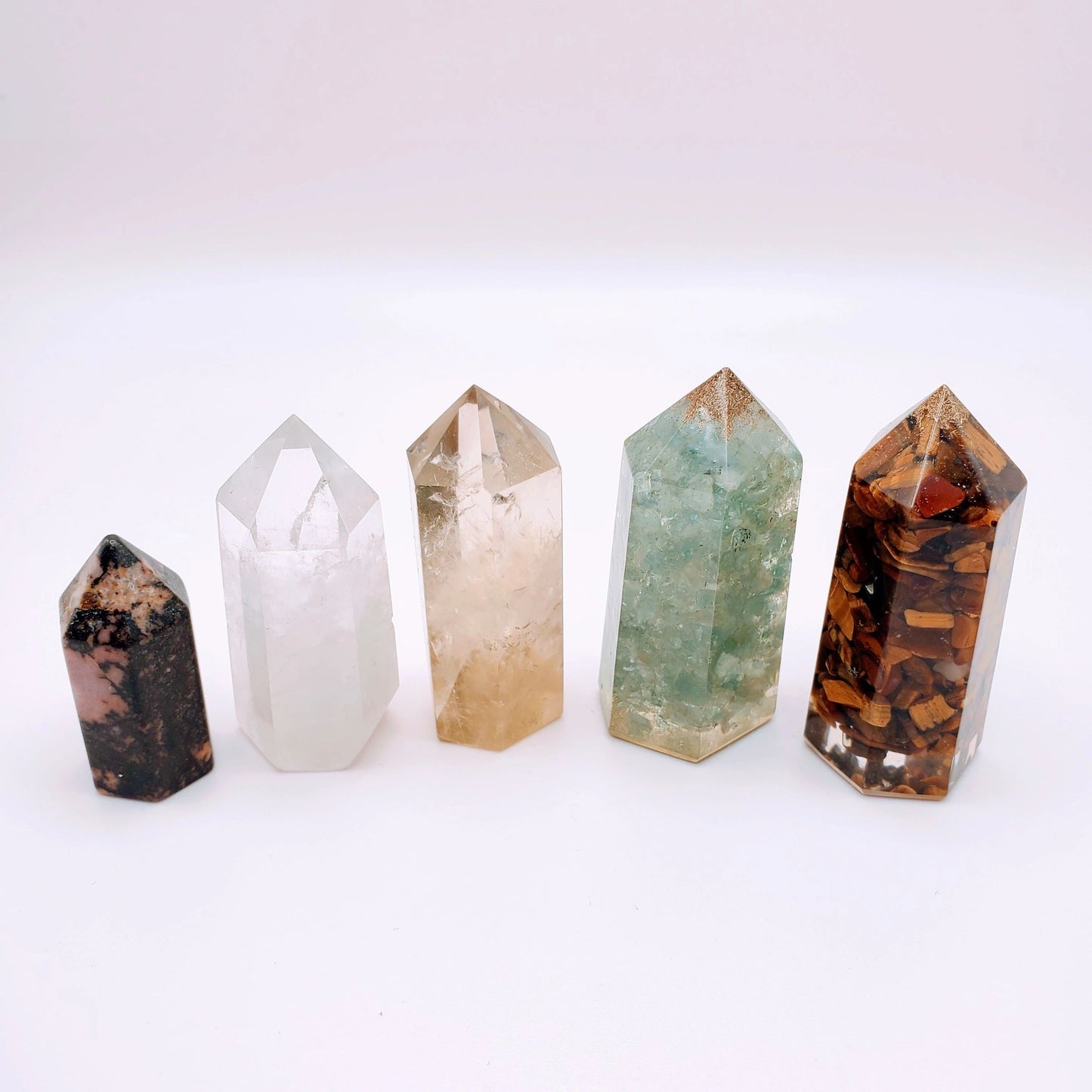 Crystal Towers | Rhodonite, Clear Quartz, Citrine, Tiger Eye Orgonite, Aquamarine Orgonite