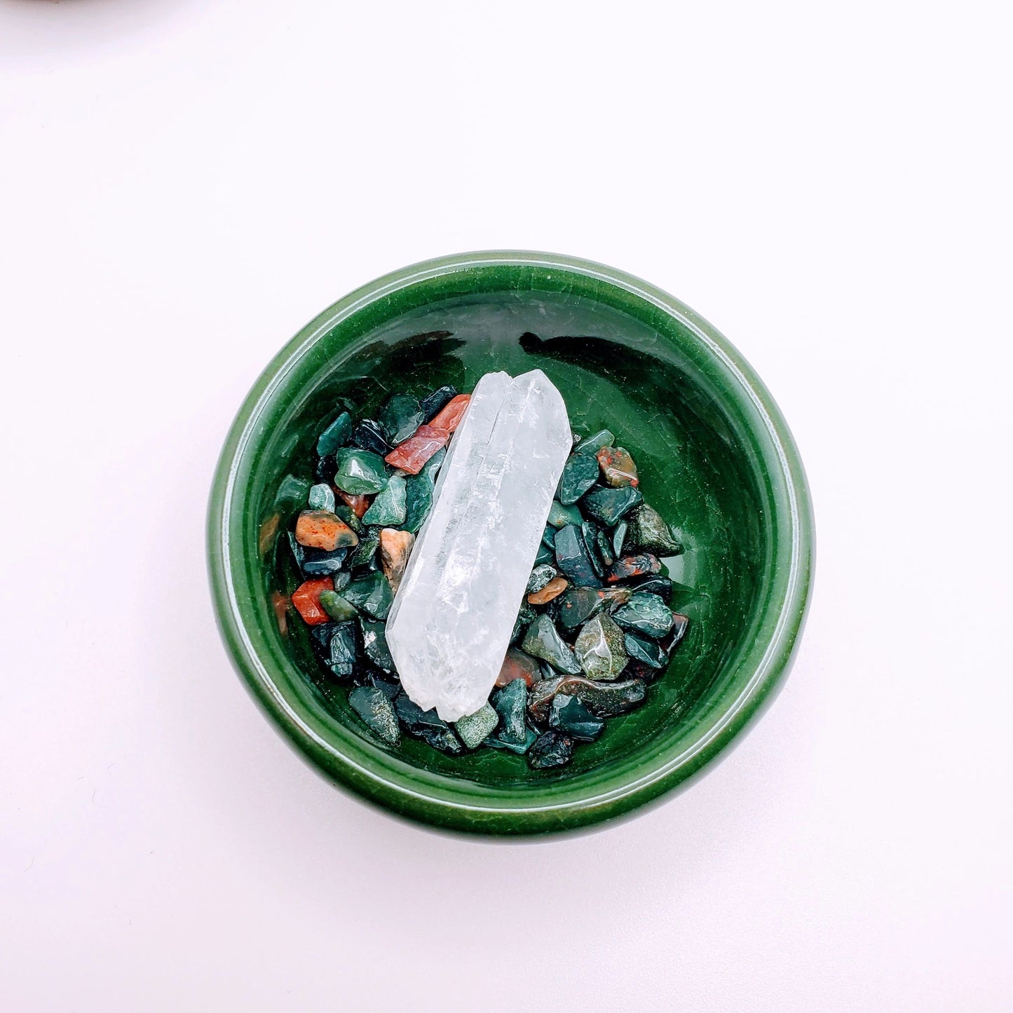 Bloodstone, Ruby Ziosite, Apatite and Clear Quartz Offering Bowls (incl. ceramic bowl)