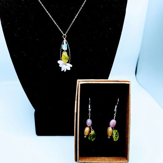 "Angelic Love" | Sky blue topaz, peridot, rose quartz necklace and sapphire, peridot earrings