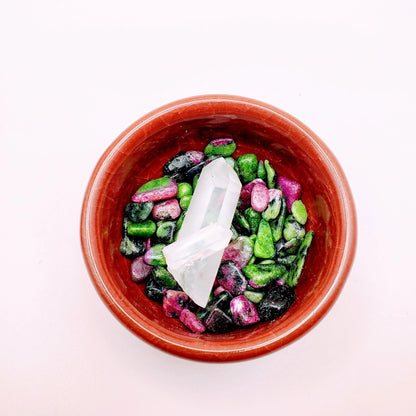 Bloodstone, Ruby Ziosite, Apatite and Clear Quartz Offering Bowls (incl. ceramic bowl)