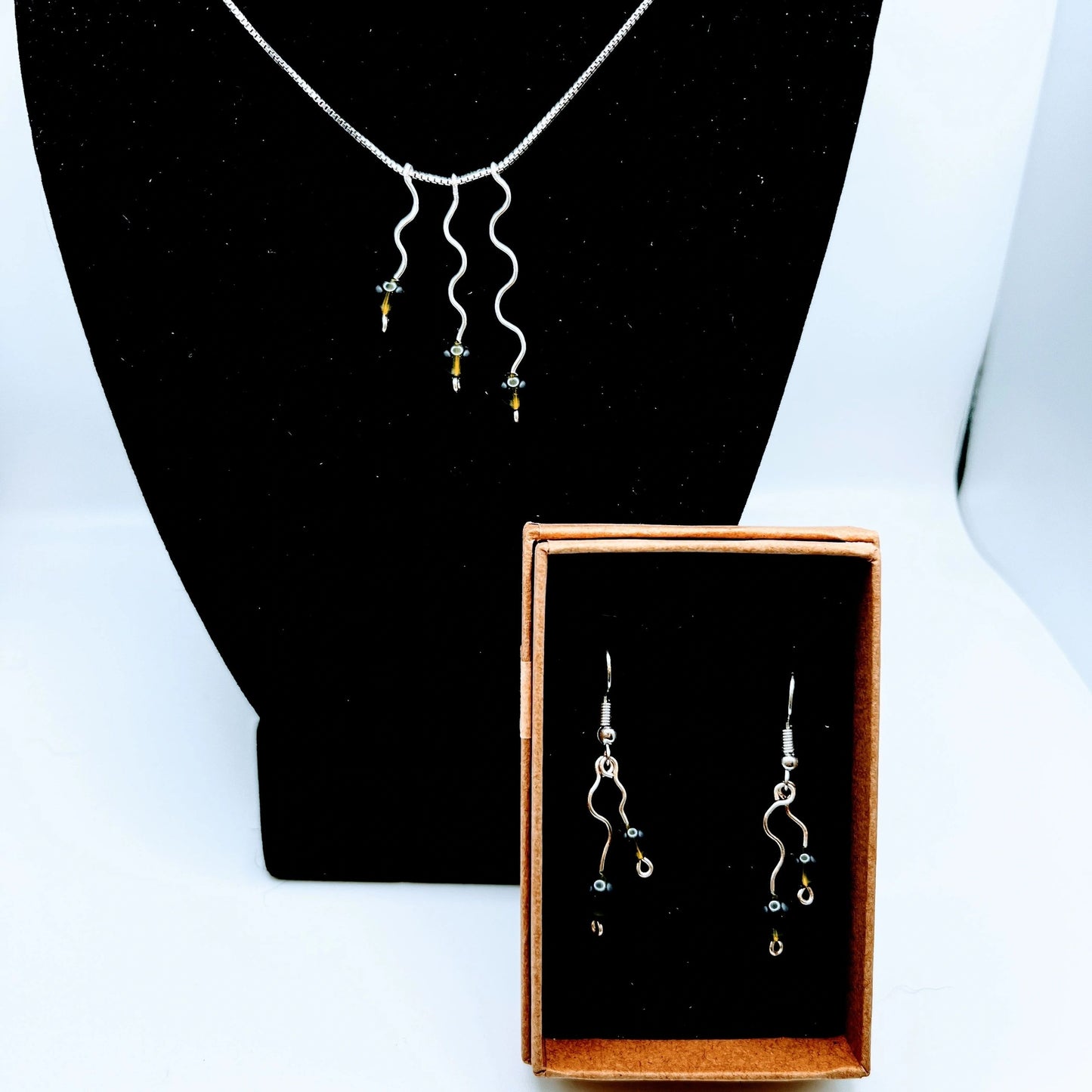 "Far-a-waves" | Moldavite Necklace and earrings | Transformation, Fortune, Protection