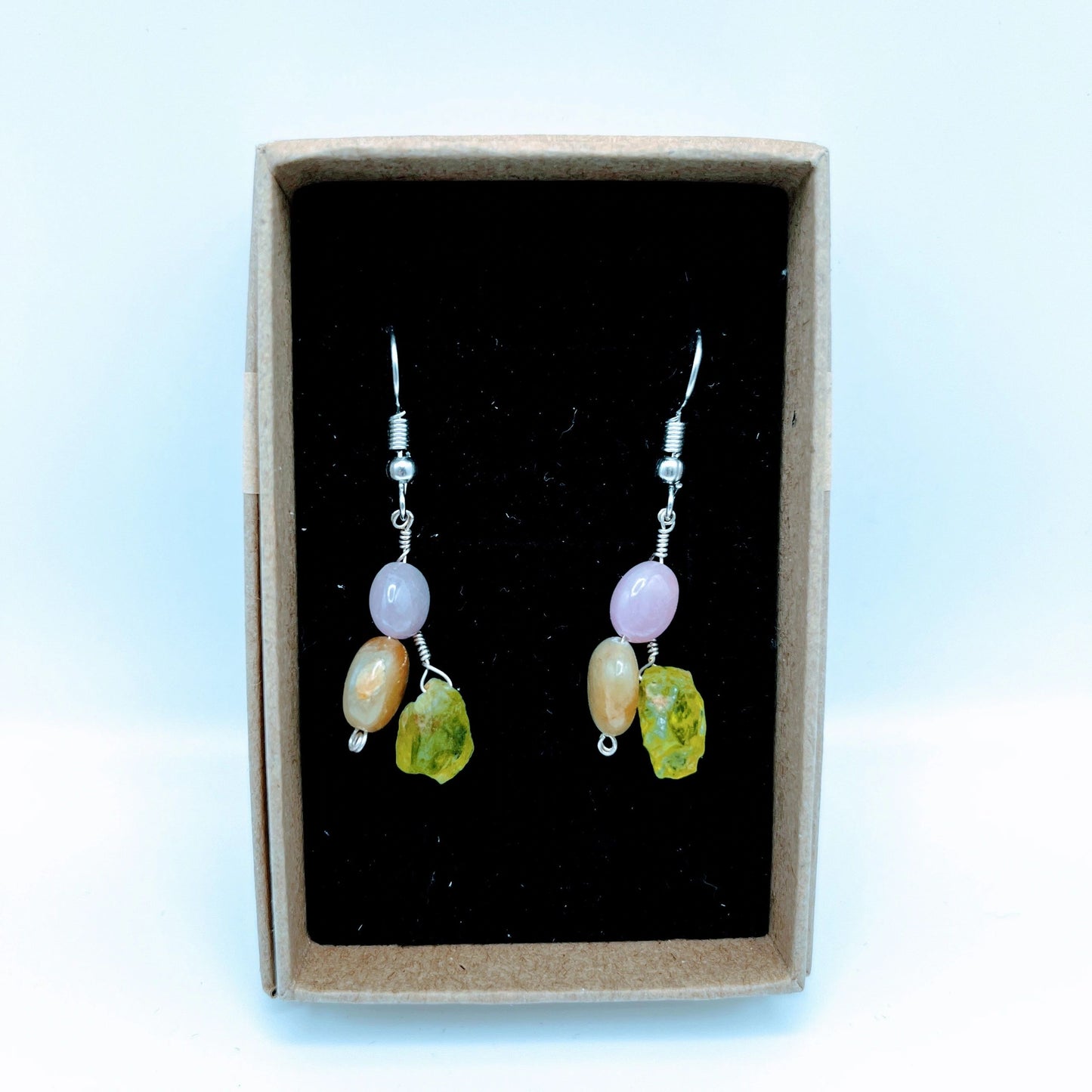 "Angelic Love" | Sky blue topaz, peridot, rose quartz necklace and sapphire, peridot earrings