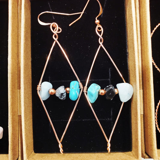 [FINAL SALE] Copper earrings with snowflake obsidian, turquoise, and quartz