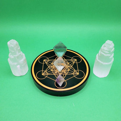 Obsidian metatron cube charging plate | Flourite octahedron | Selenite skyscraper