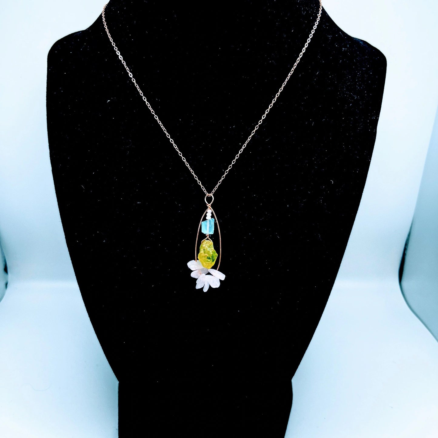 "Angelic Love" | Sky blue topaz, peridot, rose quartz necklace and sapphire, peridot earrings