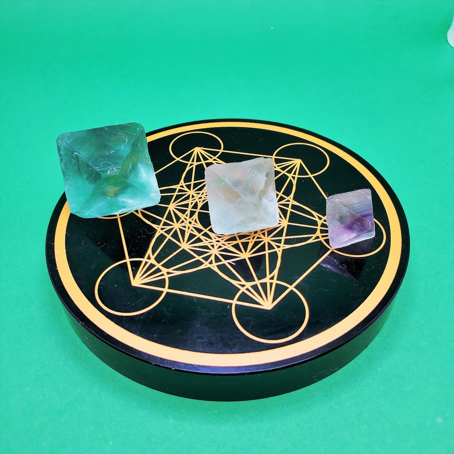 Obsidian metatron cube charging plate | Flourite octahedron | Selenite skyscraper