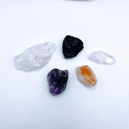 "Protection" Pack of Raw Crystals: Tourmaline, Amethyst, Citrine, Rose Quartz, Clear Quartz | Easily carry in your pocket