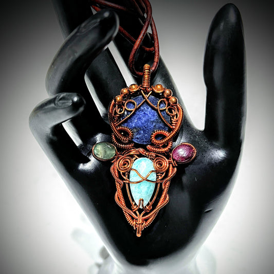 Wisdom amulet | green and red sapphires, sodalite, larimar necklace
