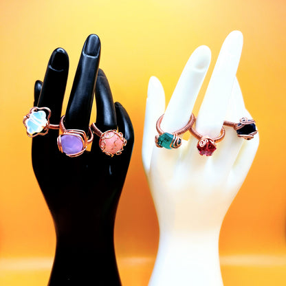 Copper rings: rose quartz, opalite, lavender quartz, cherry quartz, blue topaz, sodalite