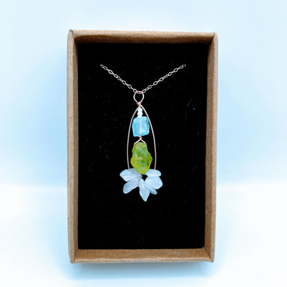 "Angelic Love" | Sky blue topaz, peridot, rose quartz necklace and sapphire, peridot earrings