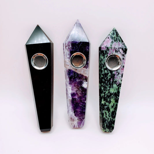 Black Obsidian, Ruby Ziosite, Amethyst | Crystal Smoke Pipe