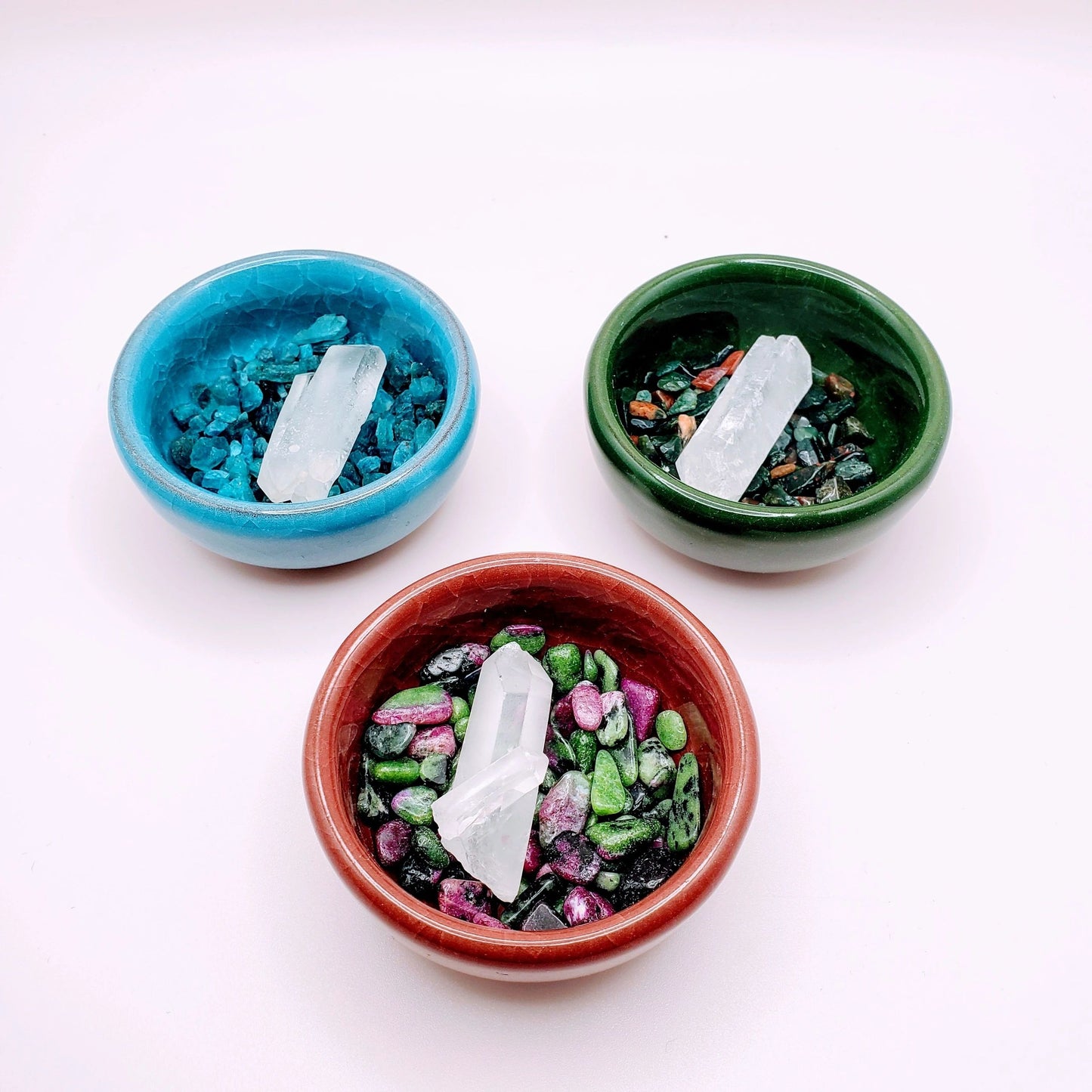 Bloodstone, Ruby Ziosite, Apatite and Clear Quartz Offering Bowls (incl. ceramic bowl)