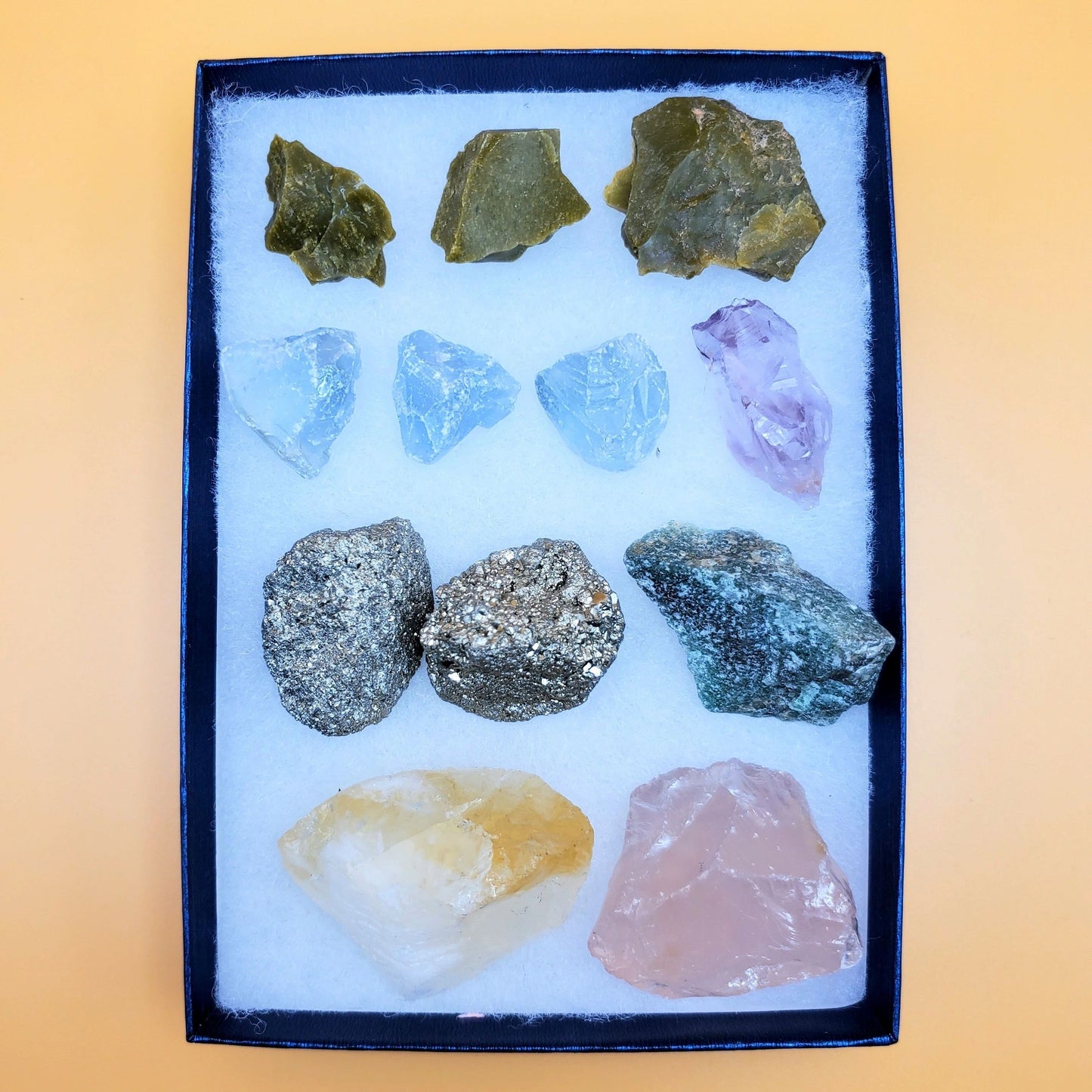 Premium raw crystals | green opal, celestite, amethyst, pyrite, aventurine, citrine, rose quartz