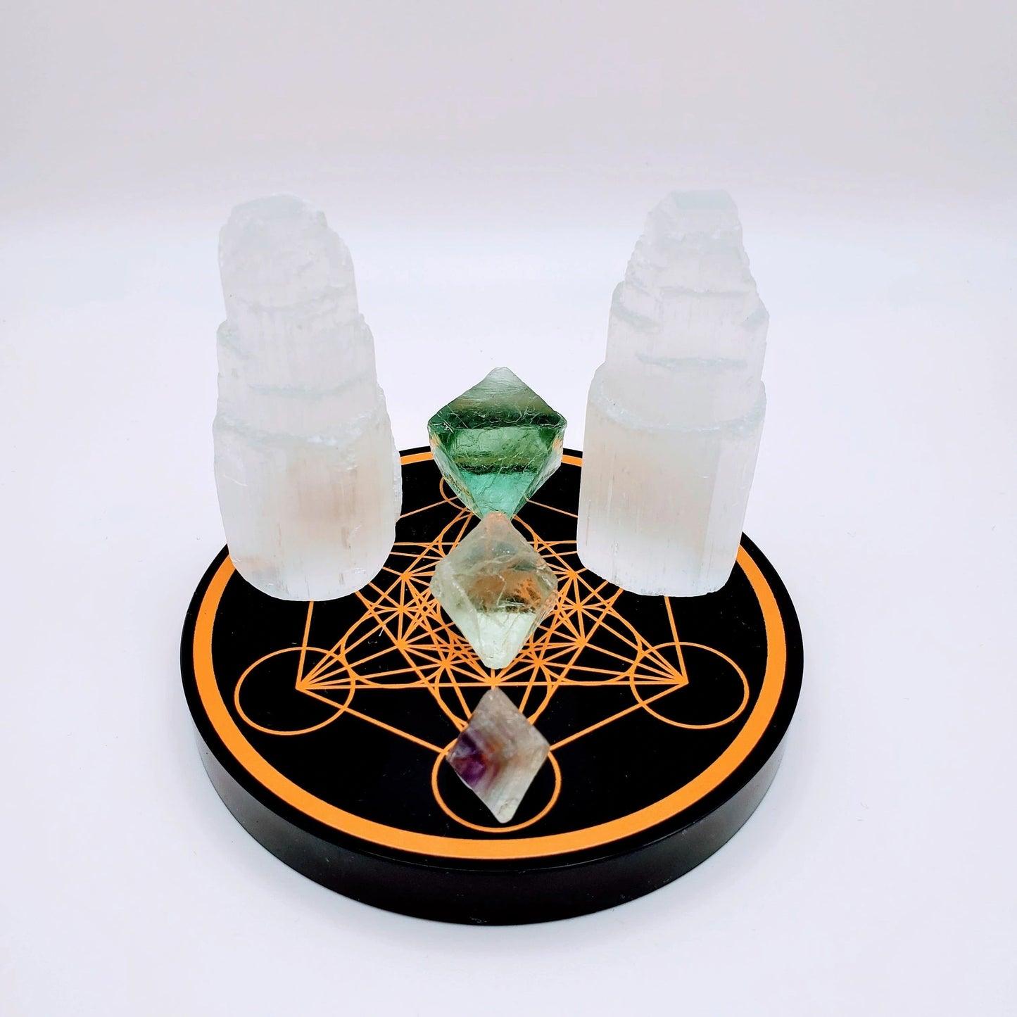 Obsidian metatron cube charging plate | Flourite octahedron | Selenite skyscraper