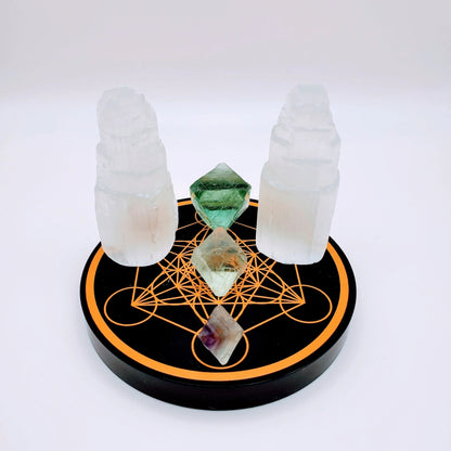 Obsidian metatron cube charging plate | Flourite octahedron | Selenite skyscraper